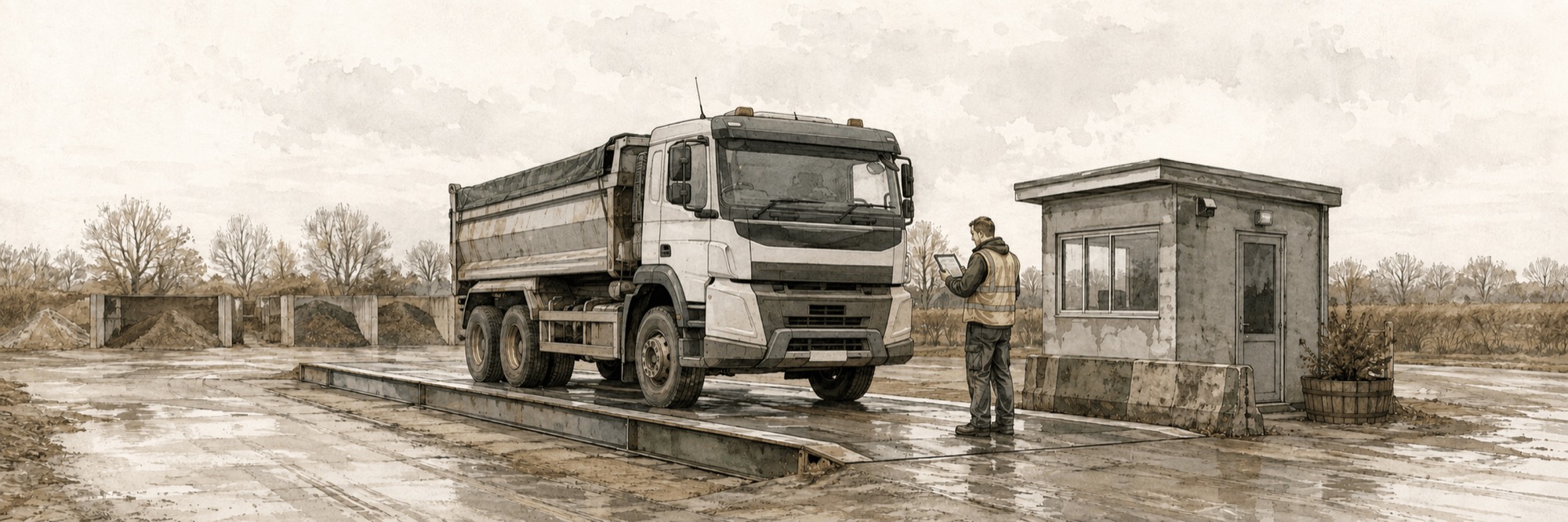 A load is received at the weighbridge while the gatehouse operator prepares its digital record.