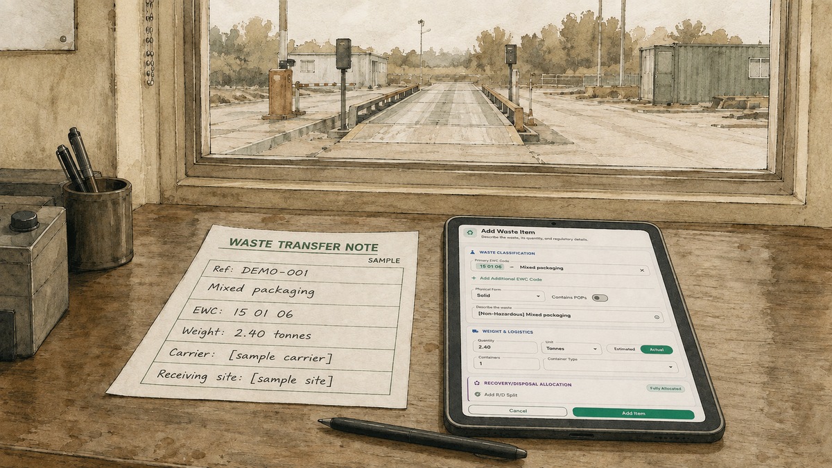 The digital record carries the same core information as the paper transfer note beside it.